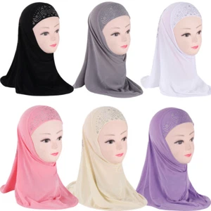 Muslim Girls Kids Rhinestone Hijab Head Scarf Stretch for 3 To 7 Years Old Girls - Picture 1 of 19