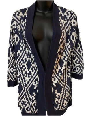 Talbots女式中号蓝色/白色亚麻混纺开襟开衫西南阿兹特克 — 第 1/4 张图片