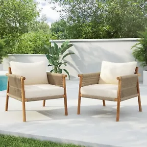28" Outdoor Woven Lounge Chair Set (2pcs) - Solid Wood Frame, Polyester Cushions - Picture 1 of 10