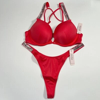Victoria Secret 38DD XL Bombshell Push Up Bikini Top THONG Set LOGO Shine Strap - Image 1 of 4