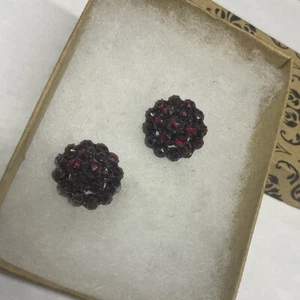 Bohemian Garnet Buttons Set Pair Sterling Silver Settings Vintage - Picture 1 of 5
