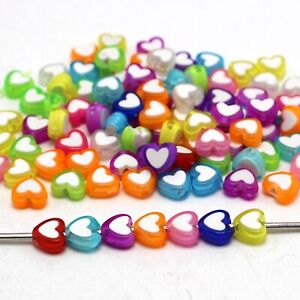 200 Mixed Candy Color Cute Acrylic Heart Beads 8X8mm With White Heart Center