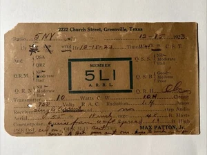 Tarjeta de radioaficionado QSL de colección 1923 Greenville Texas Church St 5LI Max Patton Jr 5NY CB - Imagen 1 de 16