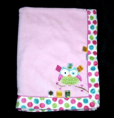 TAGGIES Pink Owl Polka Dot Trim Baby Blanket Satin Tags Security Lovey 30x40 - Image 1 of 2