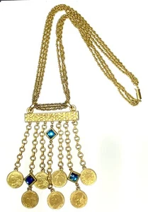 VTG BEN AMUN Triple Chain Egyptian COIN Fringe STATEMENT RUNWAY NECKLACE SIGNED - Picture 1 of 9