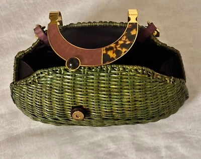 Bolso clutch Max Mara Sportsmax de ratán verde oliva con correa de cuero a presión Foto 1 de 4