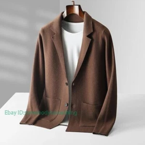 100% Lana Merino Hombre Traje Cuello Tejido Cárdigan Otoño Cachemira Suéter - Imagen 1 de 30