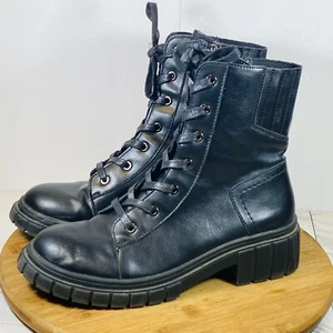 AQUA COLLEGE Womens Black Lace Up Perel Round Toe Block Heel Combat Boots 9.5M - Picture 1 of 6