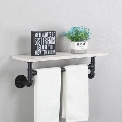 Black & White Shelving Bathroom Pipe Shelves with Towel Bar Over , 24 inch Pi... - Image 1 of 4