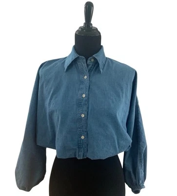 Camisa Banana Republic Chambray Denim Recortada LS Pequeña XXS Dobladillo Burbuja Boho Foto 1 de 4