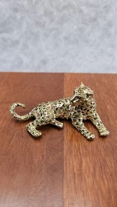 Resting Leopard Jaguar Magnetic Hinged Colorful Jeweled Gold Trinket Box 3.5" - Picture 1 of 10