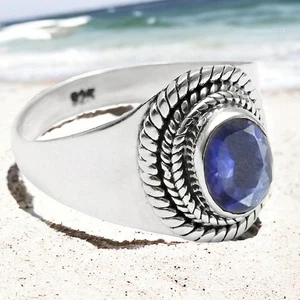 Solid Silver Natural Iolite Bezel Wedding Engagement Band Promise Ring Jewellery - Picture 1 of 9