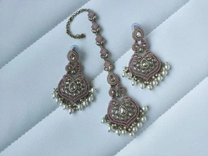 Indian pakistani pink mehendi polish Kundan polki tikka Earring Jewelry Set - Picture 1 of 4