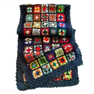 Vintage Handmade Multicolour Crochet Granny Square Blanket Bed Table Runner Knit - Picture 1 of 10
