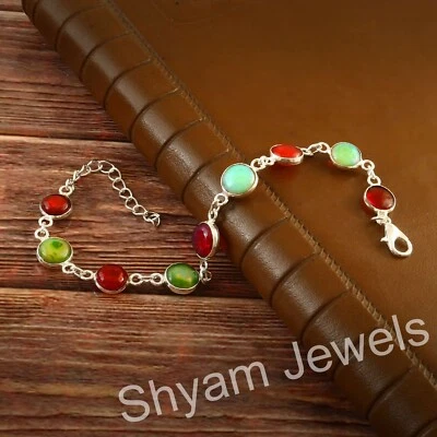 Sterling Silver Genuine Round Dyed Ethiopian Opal Delicate Bracelet For Women - Image 1 of 4