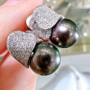 elegant pair of 10-11mm tahitian round black green pearl dangle earring 925s(T) - Picture 1 of 3