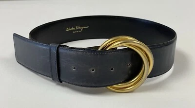 复古 Salvatore Ferragamo 金色双环扣蓝色皮革腰带 32 码 — 第 1/4 张图片
