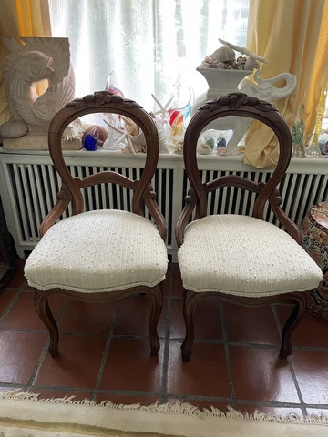 Pair of Reupholstered Victorian Carved Walnut Balloon Back Dining Chairs Cover