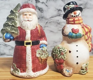 Santa & Snowman Salt Pepper Shaker Set Tree Cardinal Holly Both Have Plugs EUC - Picture 1 of 9