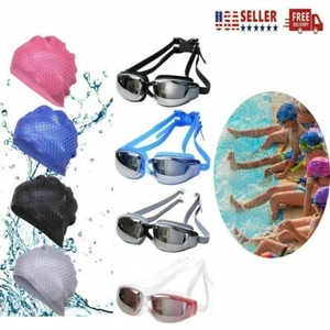 Mirror Swimming Goggles Anti-Fog Glasses Swim Cap UV Protection Ear Plug Case - Picture 1 of 20