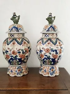 Pair of Delft Polychrome Earthenware Cutlery Pots - 19th Century - Picture 1 of 15