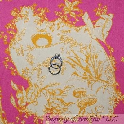BonEful FABRIC FQ Cotton Pink Yellow Gold Scenic Owl Bird Mushroom Bohemian SALE - Image 1 of 4