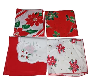 Christmas Fabric Napkins Set Lot 4 Red Holly Poinsettia Bows White Green Square - Picture 1 of 14