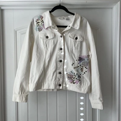Chaqueta vaquera blanca con tachuelas bordada floral L vintage para mujer Erin London Y2K Foto 1 de 4