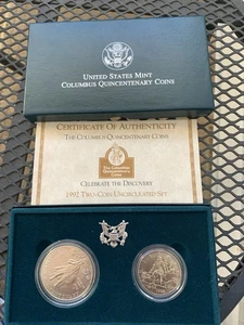 1992 D Columbus Quincentenary Commemorative TWO COIN SET UNC. SILVER DOL. Clad50 - Picture 1 of 7