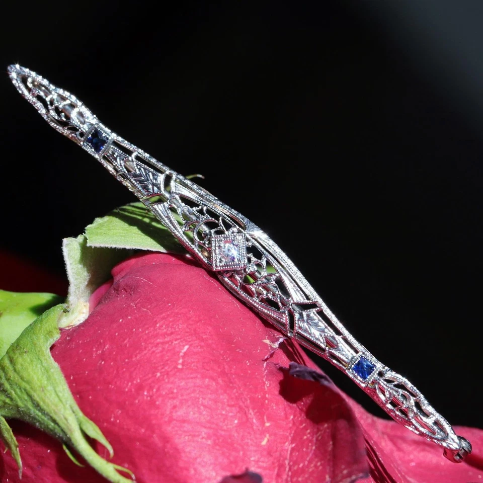 Broche de zafiro tratado con diamantes 0,15c platino 1/25 oro 14k años 1900 antiguo 3,1 g Foto 1 de 4