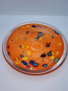 Murano Style Art Glass Round Orange Multi-Color Flattened Paperweight - Picture 1 of 6