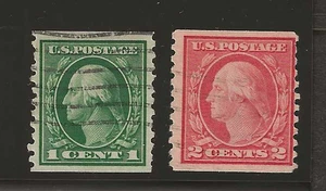 US Scott #443-#444 used 1914 perf 10 Washington vertical coils single line wmk - Picture 1 of 2