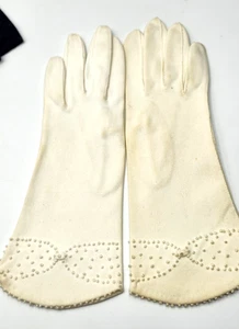 Vintage Grandoe weiße Damen Handschuhe Größe 6,5 Stretch 100 % Baumwolle Perlenbesatz - Bild 1 von 4