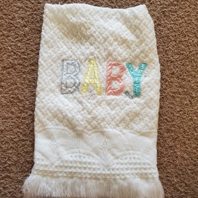 Vintage Acrylic Baby Blanket Pastel Satin Waffle Weave Fringe White - Image 1 of 4