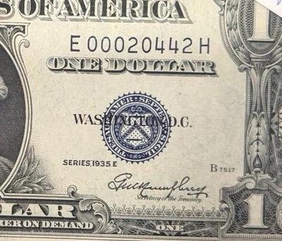 Fancy Serial Trinary Silver Certificate One Dollar Bill 1935E Series E00020442H - Image 1 of 3