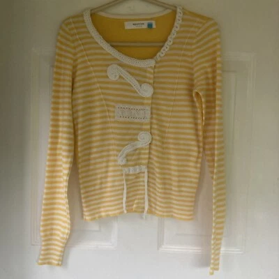 Anthropologie Sparrow Size S Yellow White  Scoop Striped  Cardigan~ Snap Close - Image 1 of 4