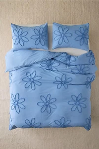 Luxus Baumwolle Bettbezug, Blau Blumen Getuftet Weich 3 Teile Bettdecke Boho Bettwäsche - Bild 1 von 4