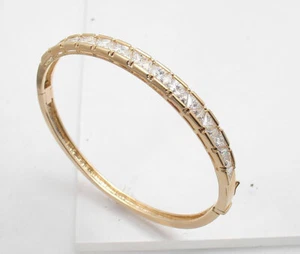 Trillion Cut CZ Stones Hinged Bangle Bracelet 14K Yellow Gold Plated 925 Silver  - Picture 1 of 5