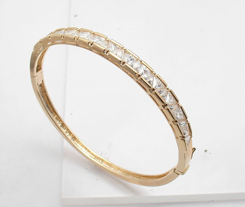 Trillion Cut CZ Stones Hinged Bangle Bracelet 14K Yellow Gold Plated 925 Silver  - Image 1 of 4