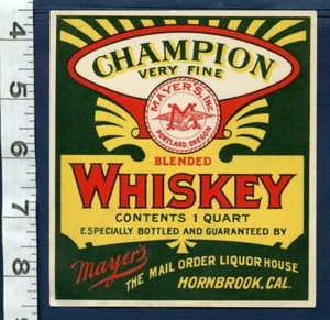 CHAMPION WHISKEY BOTTLE LABEL VINTAGE BAR DISPLAY ALCOHOL BLENDED MAYER'S DRINK - Picture 1 of 2