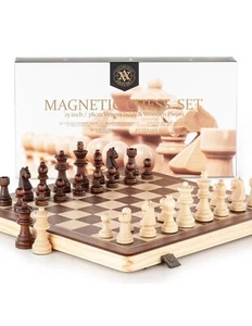 A&A 15 Magnetic Wooden Chess Set/Folding Board / 3 King Height German Knight Sta - Picture 1 of 5