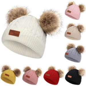 Toddler Baby Knitted Beanie Hat Winter Warmer Faux Fur Double Pom Bobble Cap - Picture 1 of 20