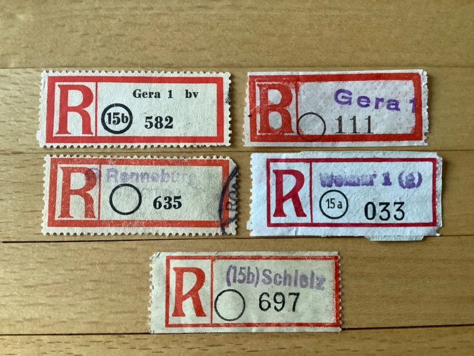 Reco-Zettel gestempelt 15b Gera, 15b Ronneburg, 15a Weimar, 15b Schleiz D.R. - Bild 1 von 1
