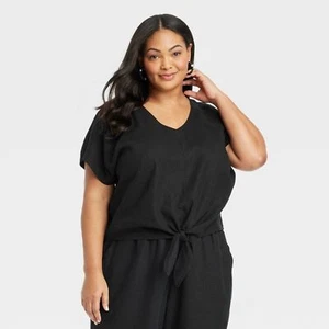 Women's Short Sleeve Linen Tie-Front V-Neck Blouse - Ava & Viv Black 2X - Picture 1 of 2