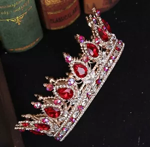 Women Red Rhinestone Crystal Bride Queen PROM Hair Headband Crown Tiara - Picture 1 of 12