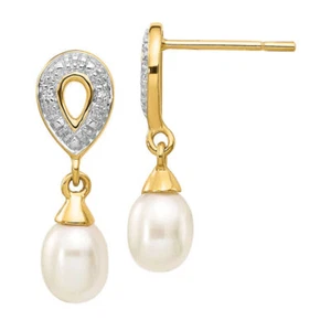 14K Solid Two Tone Gold Teardrop Freshwater Cultured Pearl Diamond Dangle ... - Picture 1 of 4