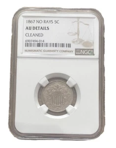 1867 5C No Rays Shield Nickel NGC AU Details Cleaned - Picture 1 of 2