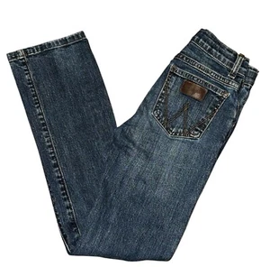 Pantalones de mezclilla Wrangler retro ajustados rectos para niños 11 DELGADOS azules desgastados cintura ajustable 23x27 - Imagen 1 de 9