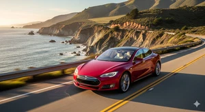 Red Tesla S - on the Pacific Coast Highway - art print / poster - Picture 1 of 1