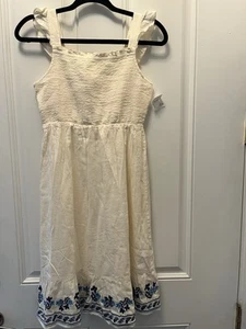 Old Navy Girls Fit & Flare Dress beige Blue Floral Smocked Cap Sleeve Sz 14-16 - Picture 1 of 10